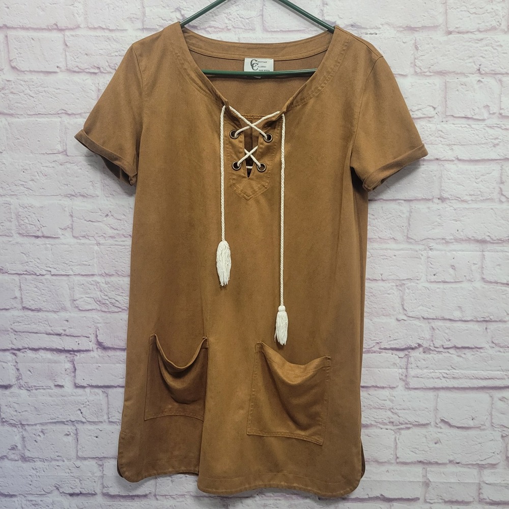 VTG Christian Caliendo Faux Suede Lace Up Tunic Dress M Pockets Boho Western Y2K